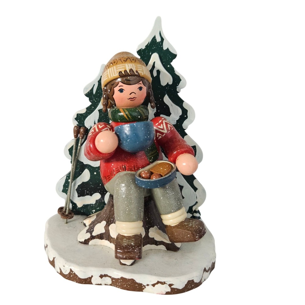 Hubrig Vintage Figurine Skier Winter Scene Red Green Hand Painted Wood Germany